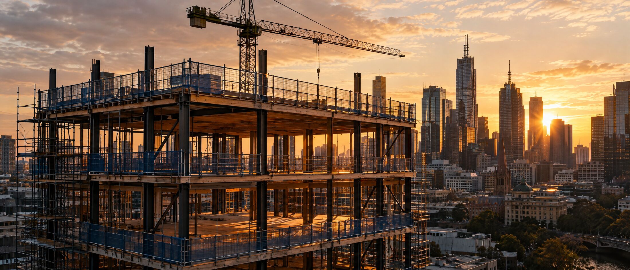 Building under construction with a tower crane, beside the Melbourne skyline at sunset