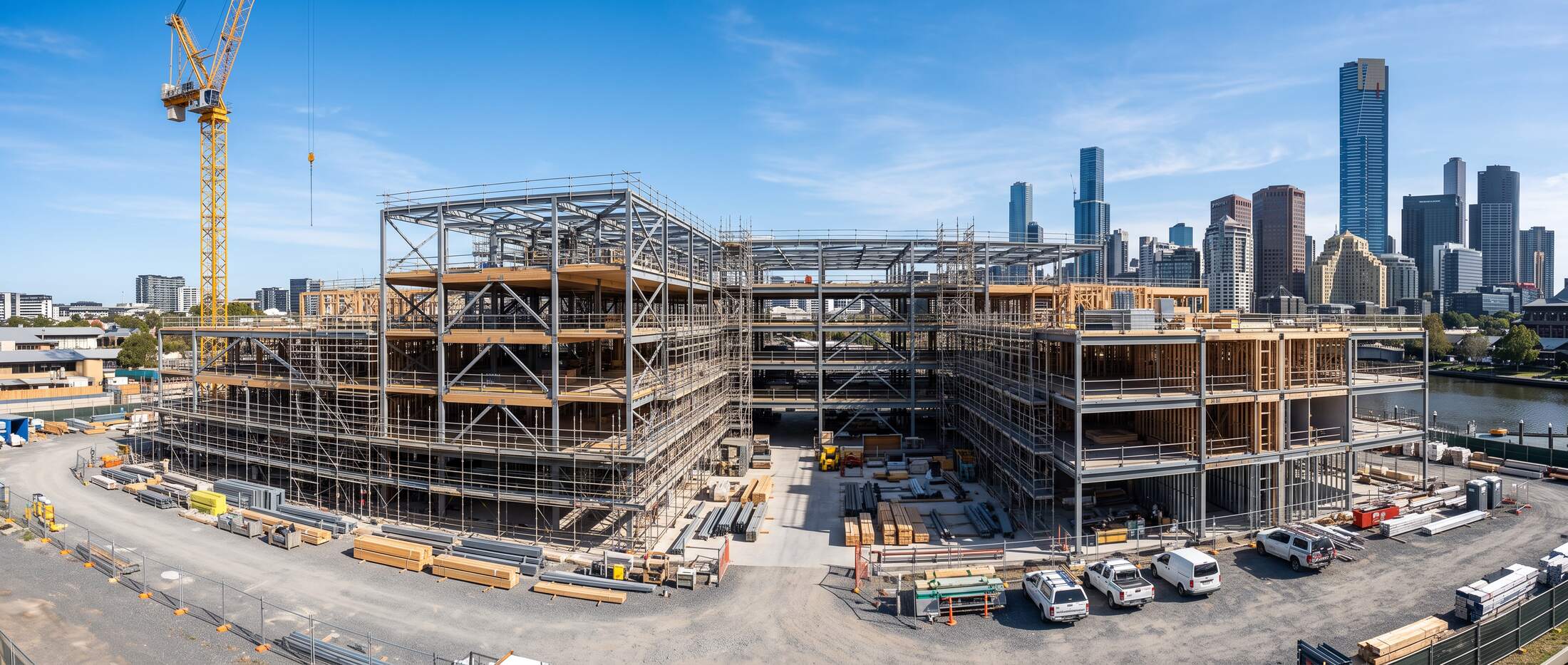 Steel and timber framed building under construction beside the Melbourne skyline